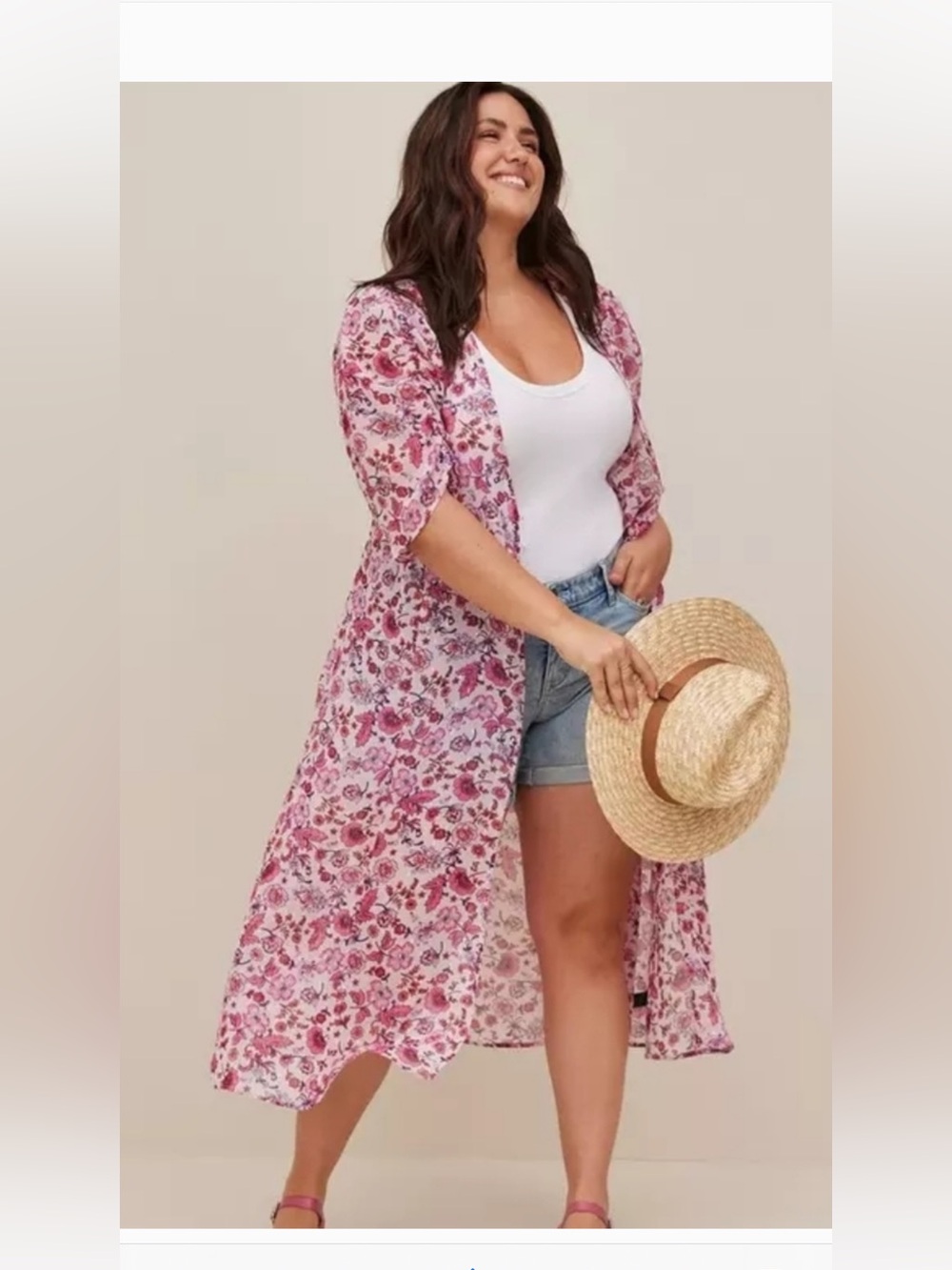 Torrid Chiffon Ruched Sleeve Kimono In Pink Floral Metallic